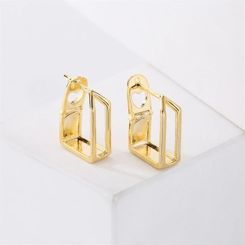 Orecchini Geometrici Rettangolari Cavi Perno In Argent Sterling 925 Rame Placcato Oro 14K Donna Stile Minimalista