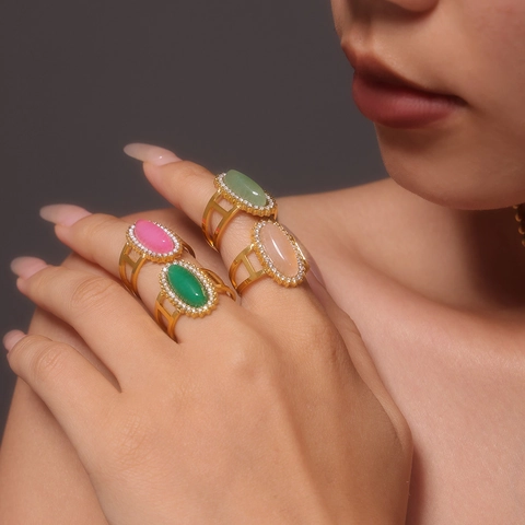 Vintage Titanium Staal Ovale Natuursteen Open Ring Voor Dames 18K Verguld Zirconia Verstelbaar Geometrisch Mode Sieraden Vingerring