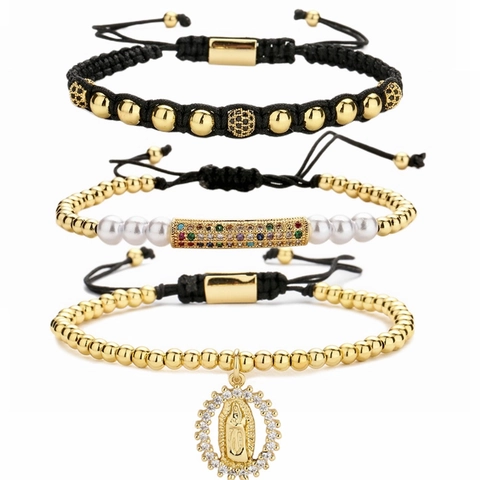 Pulsera De Cuerda Tejida Ajustable Cuentas De Cobre Bañadas En Oro Micro Pave Zirconia Dije De La Virgen María Joyería Bohemia