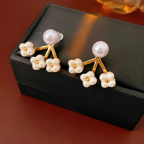 Pendientes De Flores De Perlas Artificiales Vintage Franceses Con Poste De Plata Color Oro Cobre Floral Joyas Elegantes Para Mujer