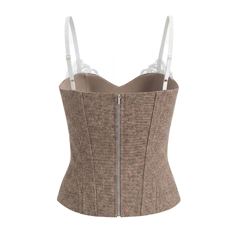 Vintage Korsett Top Damen Spitze Besatz Twill Struktur Bustier Sexy Slim Fit Retro Camisole Mit Reißverschluss