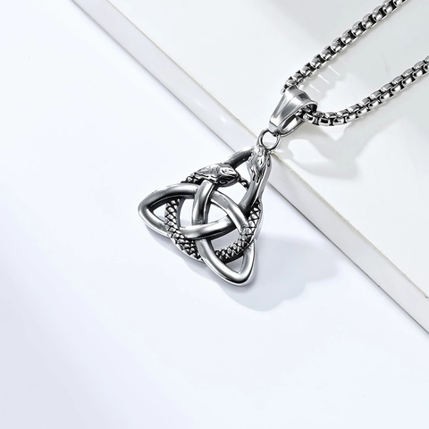 Vintage Stainless Steel Viking Celtic Knot Necklace Double Headed Serpent Pendant Gothic Punk Serpent Scale Texture Jewelry For Men Women