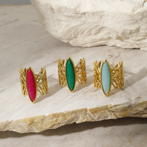 Anello Aperto in Acciaio Inossidabile 304 Retrò Francese per Donna Design a Foglia Cava Regolabile Con Gioielli in Pietra Naturale