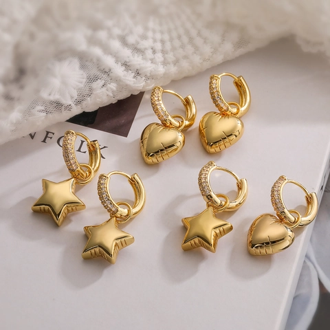 Stern Herz Anhänger Huggie Creolen Gold Vergoldetes Kupfer Mikropavé Zirkonia Asymmetrischer Geometrischer Schmuck Damen