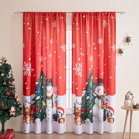 Christmas Curtains Printed Polyester Holiday Window Drape Snowman Reindeer Patterns Semi Blackout For Home Bedroom Decor