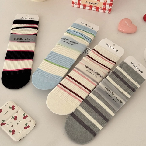 Gestreifte Crew Socken Gekämmte Baumwolle Rippstrick Atmungsaktiv Lässig Preppy Stil Wadenhohe Socken Für Damen