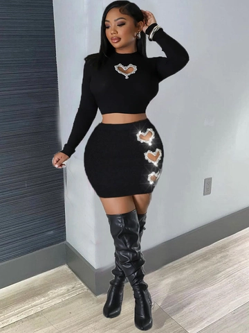 Rhinestone Heart Shaped Cutout Ribbed Knit Long Sleeve Crop Top And Bodycon Mini Skirt Sexy Streetwear Women