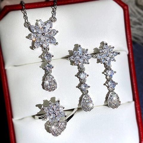 Blumen Wassertropfen Funkelnde Zirkon Halskette Ohrringe Und Offener Ring Kupfer Silberton Brautschmuck Für Damen