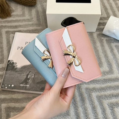 Dames Korte Portemonnee Strik Decor PU Leer Trifold Portemonnee Compacte Creditcardhouder Met Metalen Gesp Contrastkleur