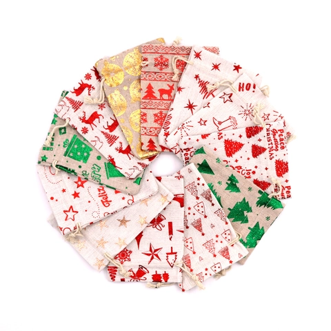 Sacs Cadeaux À Cordon De Noël En Lin Coton Jute Motifs De Renne Et Flocon De Neige Pour Emballage De Bonbons De Fête