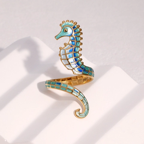 Anillo Abierto De Caballito De Mar Acero Inoxidable Chapado En Oro De 18K Esmalte Forma De Animal Ajustable Joyería Creativa