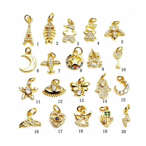 Copper Gold Plated Micro Pave CZ Mini Pendants Star Moon Bee Evil Eye Hamsa Hand Charms For DIY Jewelry Making Accessories