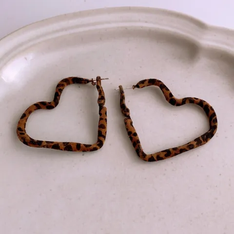 Leopard Print Earrings Heart Round Shape Velvet Texture Cloth Over Iron With 925 Sterling Silver Earring Post Vintage For Women