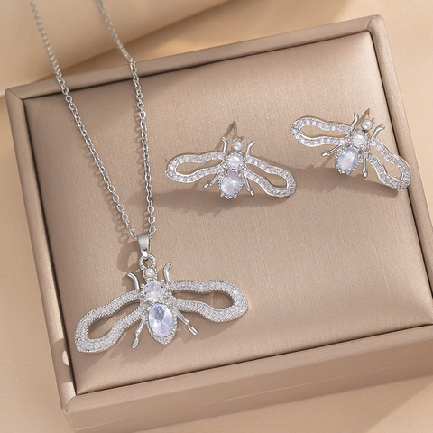 Collana Con Ciondolo Ape E Orecchini Rame Micro Pave Zircone Perla Artificial Gioielli Per Donna Elegante