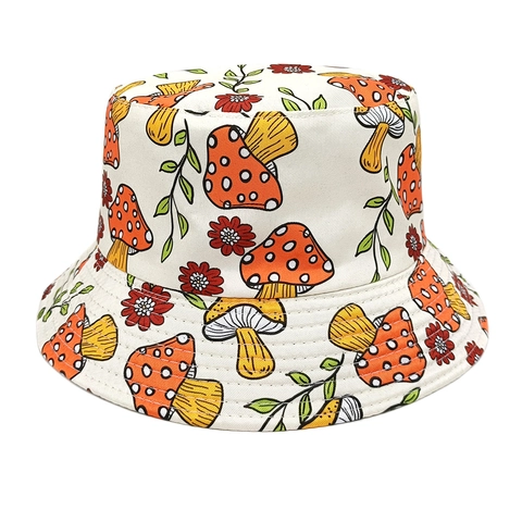 Mushroom Pattern Bucket Hat Polyester Reversible Colorful Cartoon Print Sun Protection Foldable Outdoor Casual Retro
