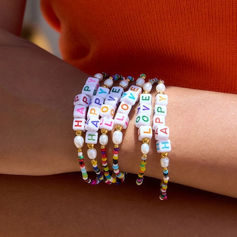 Colorful Beaded Bracelets For Women Stainless Steel LOVE HAPPY Letter Beads Stackable Bohemian Summer Jewelry Accessories