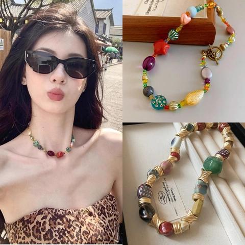 Collana Di Perle Colorate Vintage Con Fiore In Ceramica Ciondolo Cuore Resina Gioielli Bohémien Da Donna