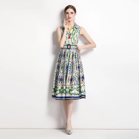 Sleeveless Midi Dress Women Polyester Retro Mediterranean Floral Print Lapel Button Down Elegant Vintage With Belt