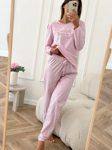 Damen Schlafanzug Oberteil Und Karierte Hose Rosa Langarm Rundhals Baumwollmischung Herz Print Letter Nachtwäsche Casual