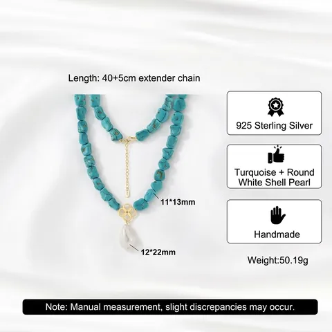 Collana Di Künstliche Perle Di Turchese Con Pendente Di Perla Artificial Barocca Argento 925 Placcato Oro 14K Gioielli Stile Boho Vintage Da Donna