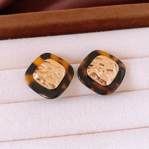 Square Stud Earrings Retro Vintage French Acetate Geometric Gold Plated Copper With 925 Sterling Silver Earring Post Women