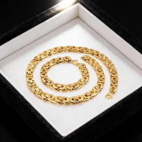Collana Bracciale Catena Bizantina Uomo Acciaio Inossidabile Gioielli Hip Hop Catena Re Pesante Quadrata Oro Acciaio Tono