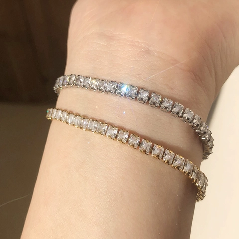 Square Cubic Zirconia Tennis Bracelet Stainless Steel Minimalist Sparkling Elegant Jewelry Gift For Women Adjustable