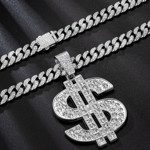 Collana Con Pendente Segno Del Dollaro Hip Hop Iced Out Lega Strass Catena Cuban Link Gioielli Da Uomo Streetwear