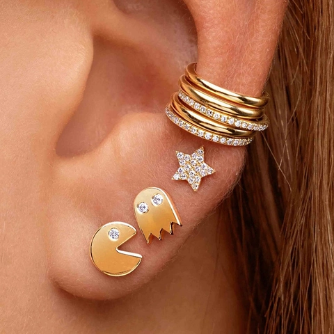Orecchini A Lobo E Ear Cuff In Rame Placcato Oro Con Zircone Stella Figura Cartone Animato Gioielli Da Donna