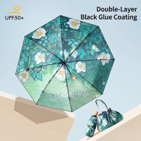 Women Portable Manual Folding Sun Umbrella UV Protection UPF 50 Plus Pongee Black Coating Hand-painted Illustration Floral Rain Sun Umbrella