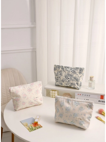 Floral Makeup Bag Canvas Cotton Zipper Portable Travel Toiletry Pouch Large Capacity Pastoral Style Women Organizer