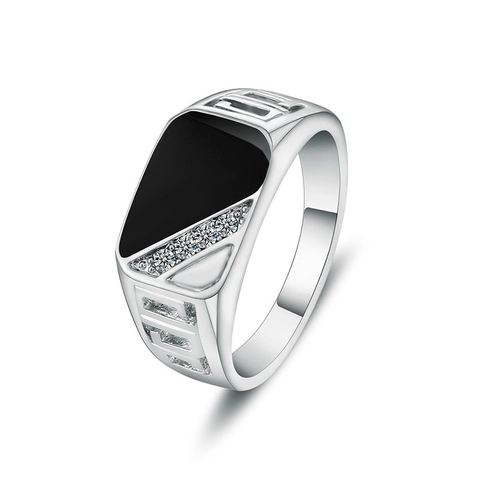 Men Square Signet Ring Alloy With Black Enamel And Zirconia Geometric Fashion Business Style Finger Jewelry Accessory