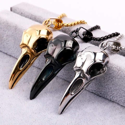 Bird Skull Pendant Necklace Stainless Steel Crow Raven Head Gothic Punk Hip Hop Vintage Jewelry For Men