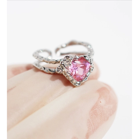 Heart Shaped Pink Zircon Ring Brass Molten Texture Adjustable Open Band Niche Design For Women