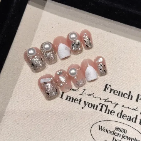 Uñas Postizas Hechas A Mano Con Perlas Artificiales Diamantes De Imitación Brillo Estilo Francés Elegante Relieve 3D Lujo Para Mujeres