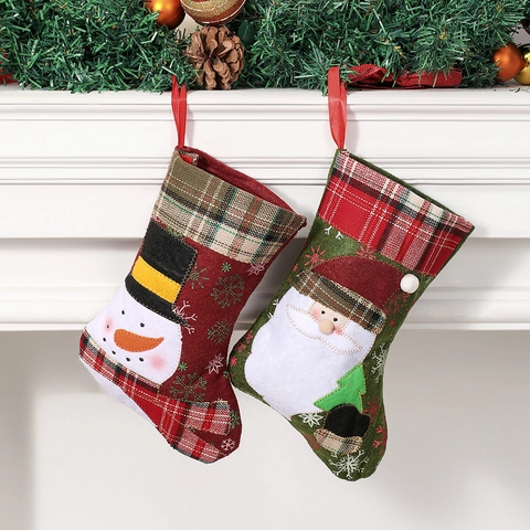 Christmas Stockings Plaid Fabric Embroidered Santa Snowman Reindeer Holiday Fireplace Hanging Gift Bags Party Decoration