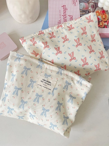 Segeltuch Make-Up-Tasche Mit Blumenschleifen Und Reißverschluss Reise Kosmetik Aufbewahrung Organizer Für Damen