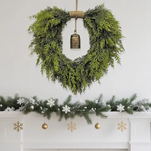 Christmas Heart Wreath Artificial Cedar With Retro Metal Bell Hemp Rope Rustic Hanging Garland Home Holiday Decoration