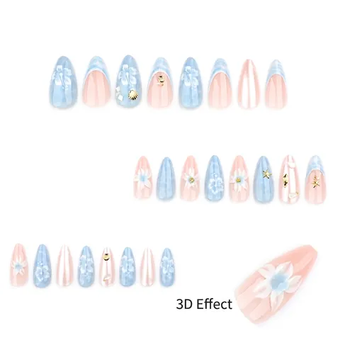 Ocean Theme Press On Nails Blue Pink Gradient 3D Shell Starfish Flower Decor Short Almond Shape Fake Nails For Women