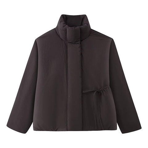Chaqueta Acolchada Corta Para Mujer Cuello Alzado Manga Larga Cintura Con Cordón Color Sólido Ropa De Abrigo