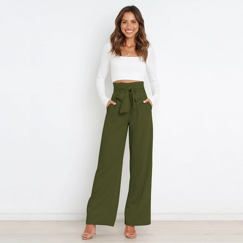Women's High Waist Wide Leg Pants Fashion Paperbag Waist Trousers With Bow Tie Belt Casual Summer Solid Color Bottoms