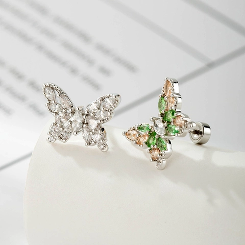 Vlinder Oorkraakbeen Stud Titanium Staal Koper Zirkoon Micro Ingelegd Schroefsluiting Piercing Oorbel Voor Dames
