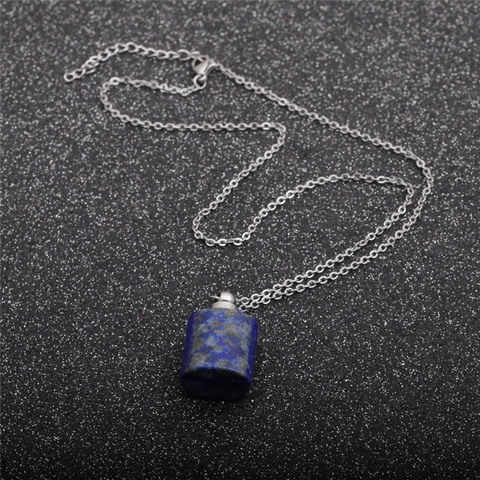 Natural Amethyst Lapis Lazuli Stone Perfume Bottle Pendant Necklace Stainless Steel Essential Oil Diffuser Jewelry