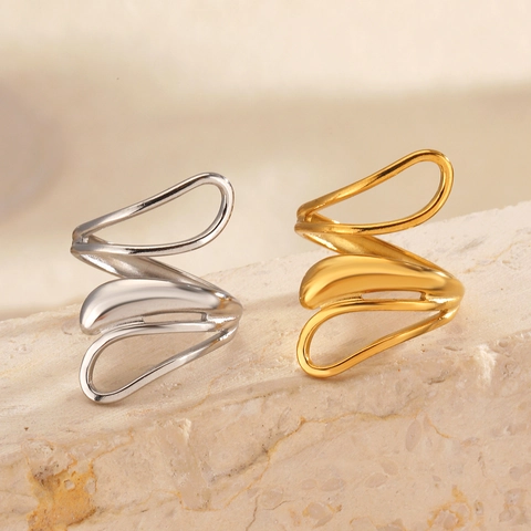 Anello Aperto In Acciaio Inossidabile Per Donna Linea Astratta Ondulata Geometrica Cavo Minimalista Hip Hop Placcato Oro