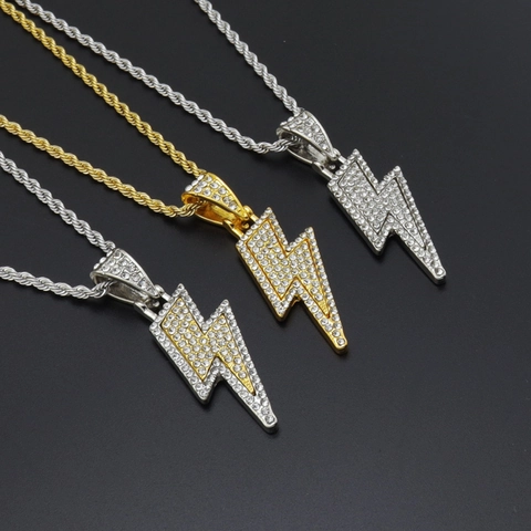 Lightning Bolt Pendant Necklace Zinc Alloy Rhinestone Encrusted Rope Chain Hip Hop Streetwear Jewelry For Men Women