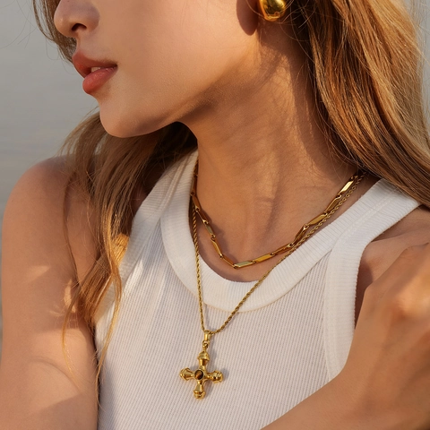 Collana Ciondolo Croce Placcato Oro 18K Acciaio Inossidabile Vintage Pietra Occhio Di Tigre Gioielli Retrò Donna