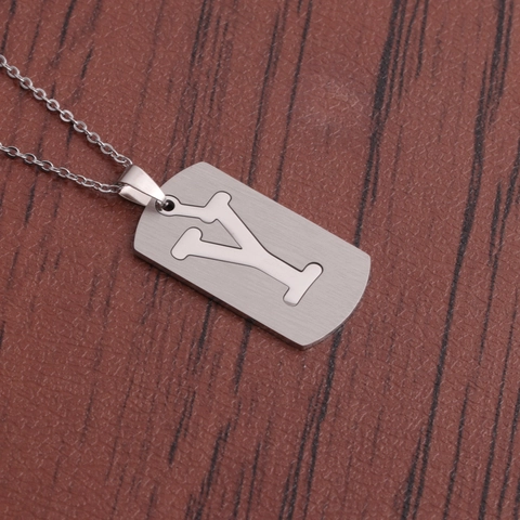 Roestvrijstalen Initiële Letter Ketting Holle Rechthoekige Hanger Dog Tag Minimalistische Sieraden Voor Dames Heren