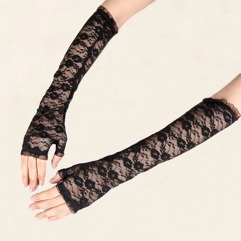 Florale Kant Vingerloze Handschoenen Lange Onderarm Mouwen Met Ruches Randen Zonbescherming Elegant Bruiloft Feest Accessoire