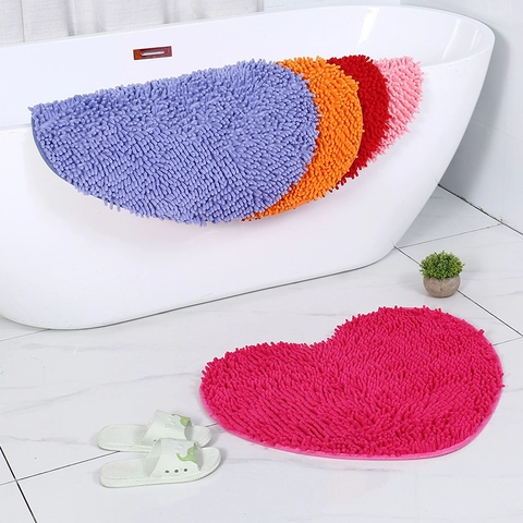 Heart Shaped Chenille Bath Mat Rug Absorbent Non Slip Machine Washable Solid Color Floor Carpet For Bathroom Bedroom