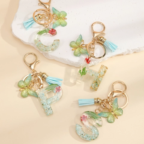 Porte-Cles Resine Lettre Alphabet Fleurs Sechees Feuilles Or Papillon Gland Suede Pendentif Sac Cadeau Pour Femmes